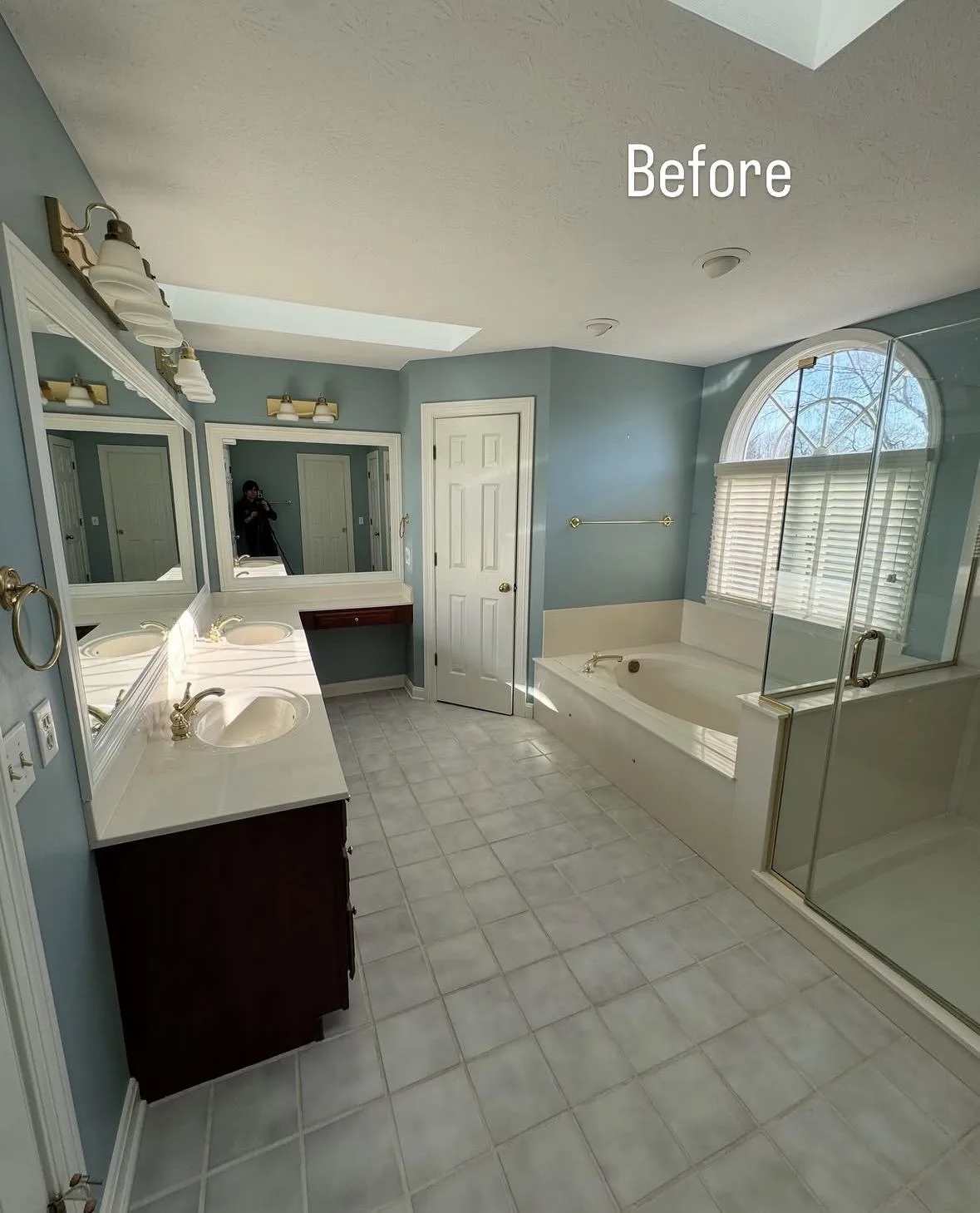 Before: Blue Bathroom Turned Black and White